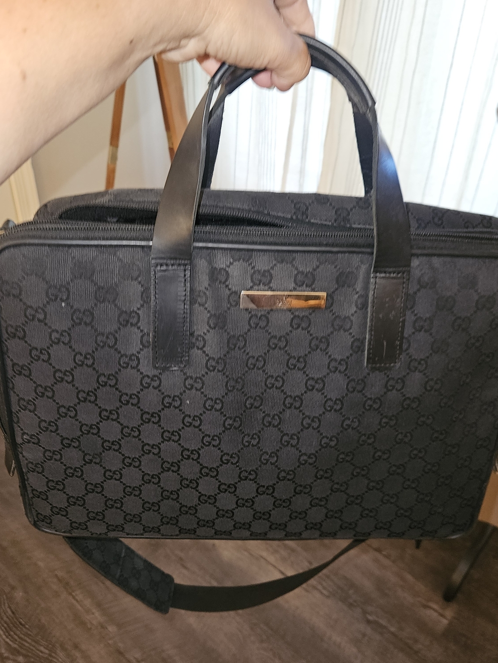 Gucci Black Monogram Messenger Bag with Gold-Tone Buckle